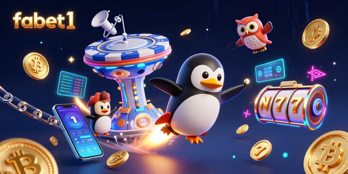 Experience fabet1 with vibrant casino elements, a golden penguin, and crypto coins in action.