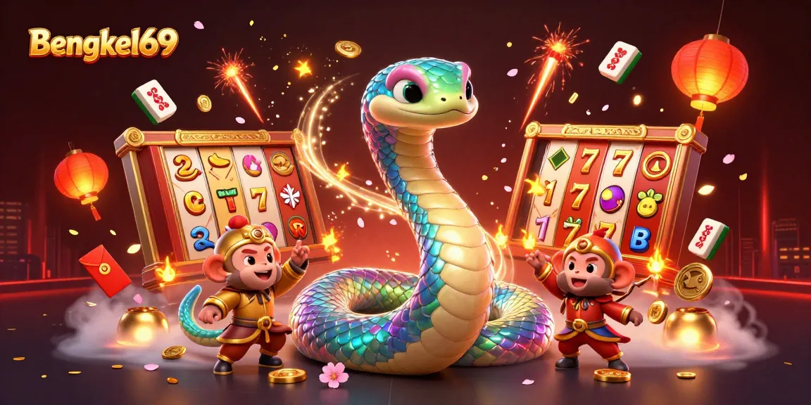 Bengkel69 showcases a vibrant 3D illustration with a rainbow serpent and monkey king amidst dynamic slot elements.