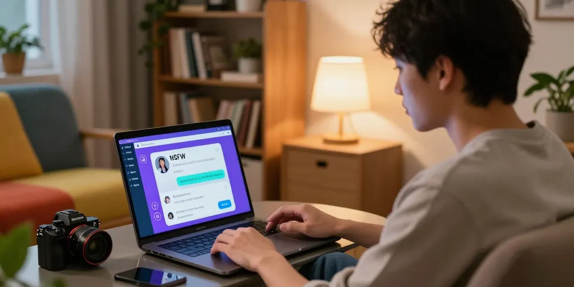 Engaging user interaction with an AI chat nsfw chatbot in a cozy, modern living room.