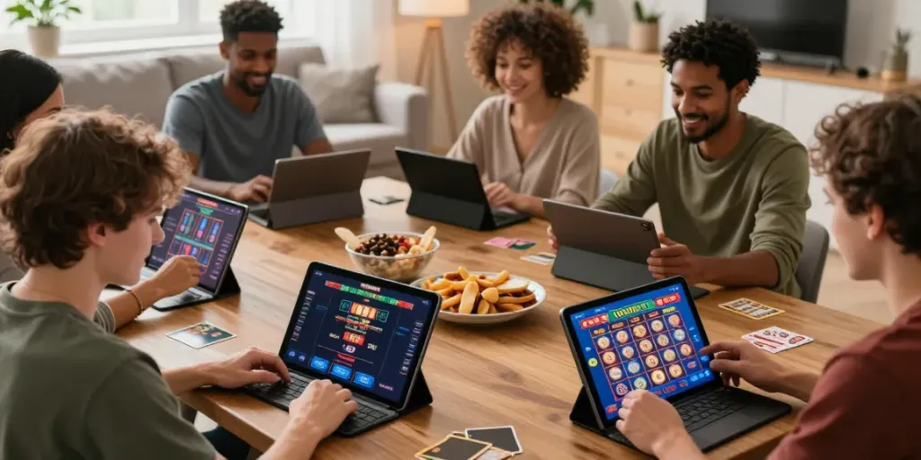 Players enjoying A80 casino games on mobile devices in a cozy setting