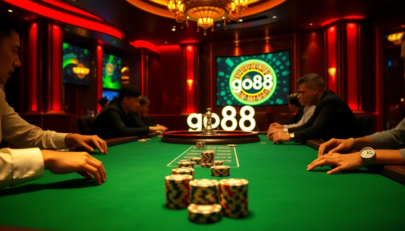 Go88 players engage in a thrilling poker game at an illuminated casino table.