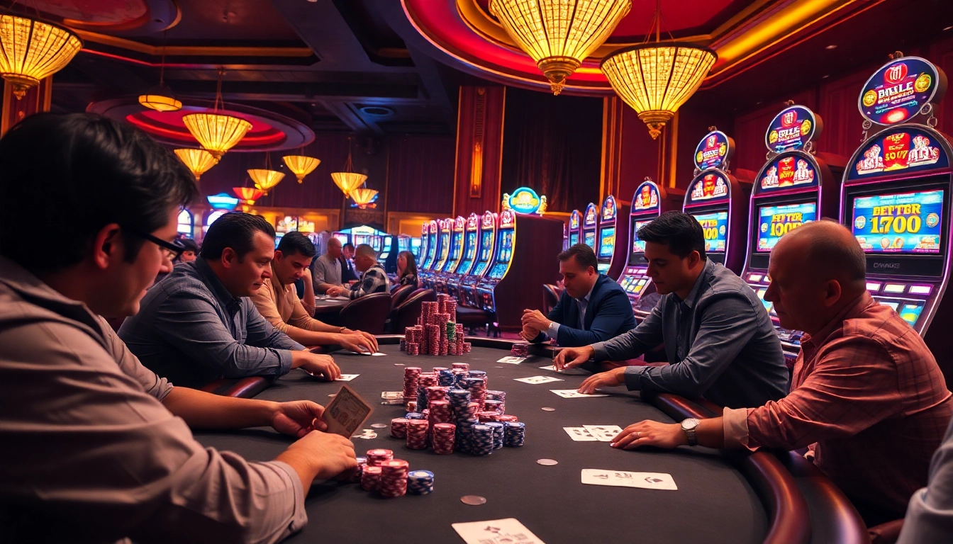 89bet players enjoying an intense poker game with colorful chips in a vibrant casino setting.