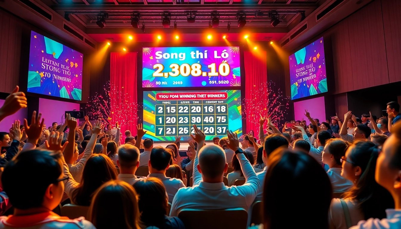 Exciting lottery event displaying Song thủ lô winning numbers amidst an energized audience.
