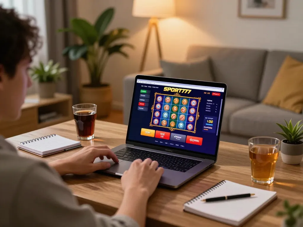 Pengguna terlibat bermain di kasino online SPORT777, fokus pada laptop dengan antarmuka permainan yang cerah