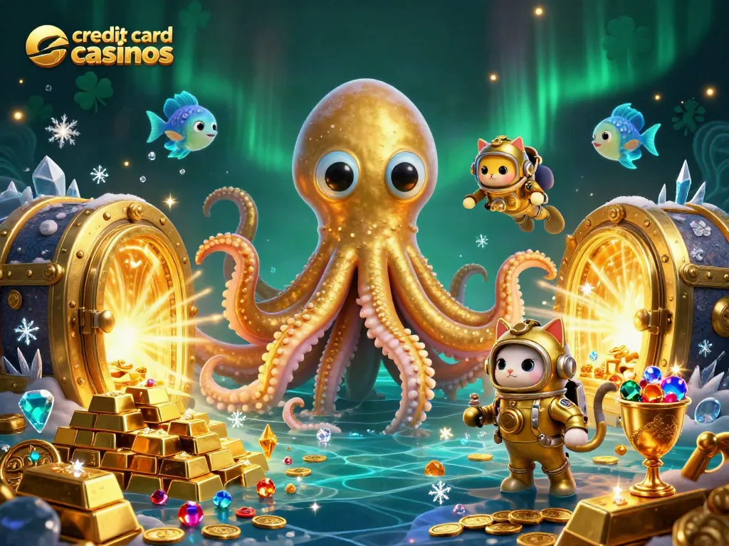 Enjoy thrilling moments at credit card casinos with this dynamic underwater scene featuring a kraken and treasure.