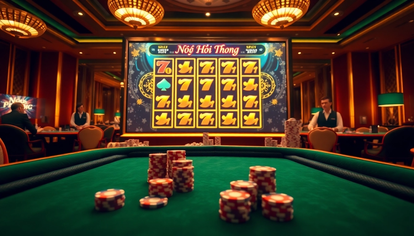 Nổ Hũ Đổi Thưởng showcases an exciting online slot gaming scene with vibrant jackpots and luxurious casino elements.