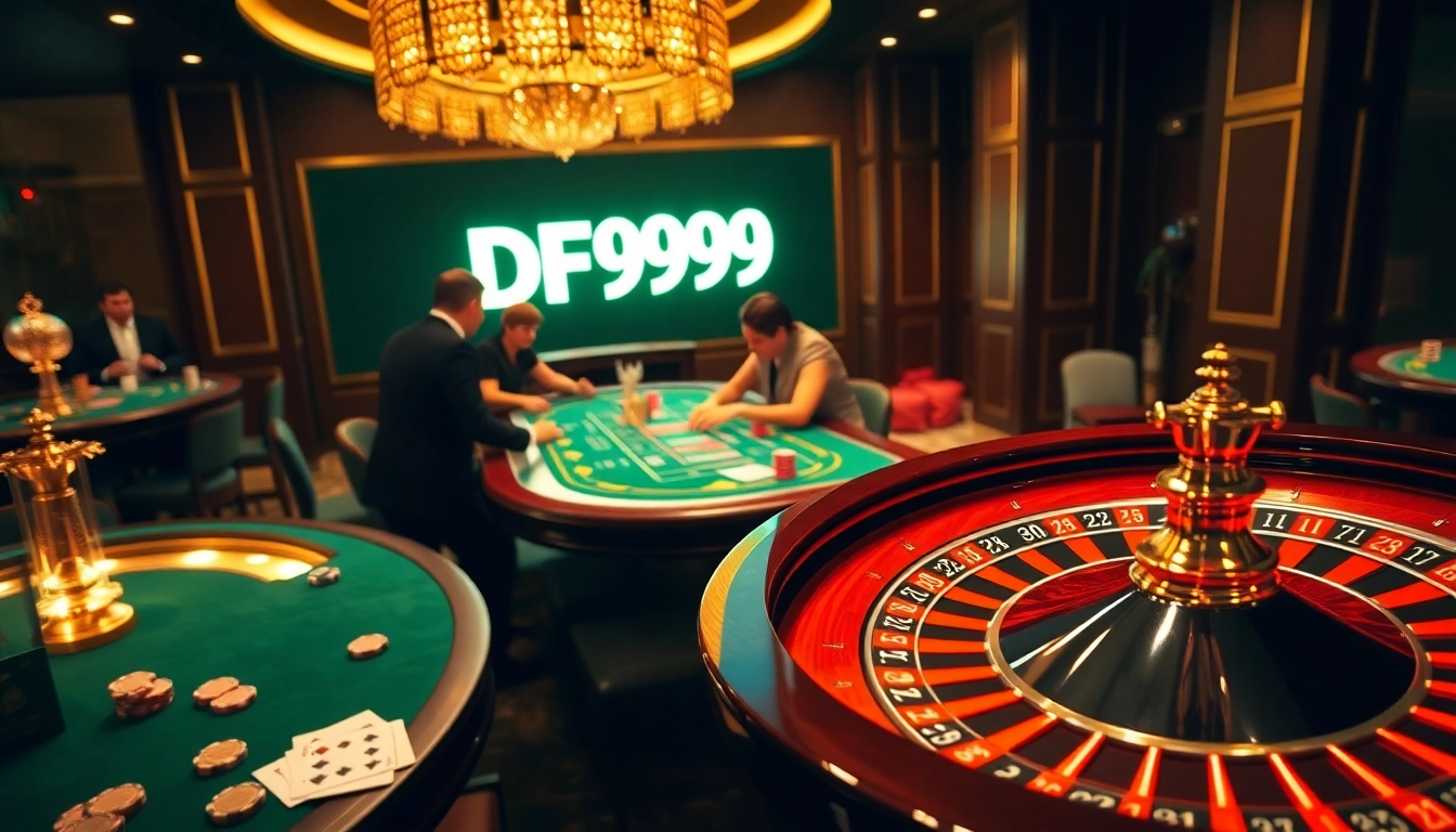 Engaged players enjoy thrilling games at DF999's luxurious casino tables featuring cards and roulette.