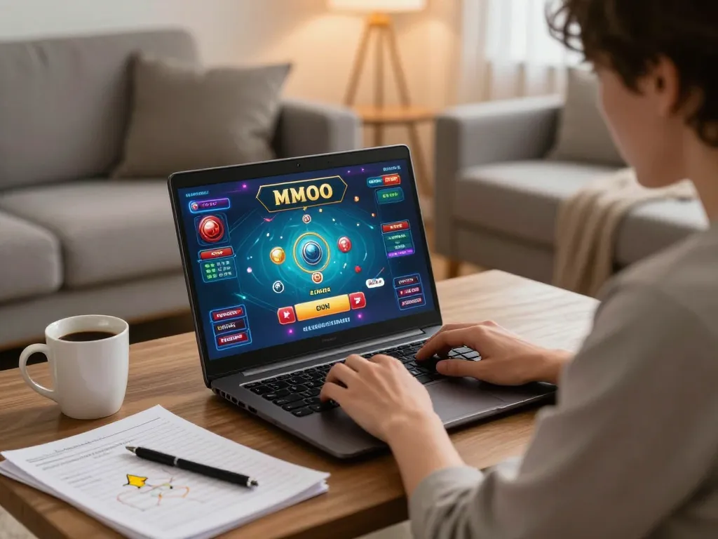 Player engaging in online MMOO casino game with strategy notes at cozy home desk.