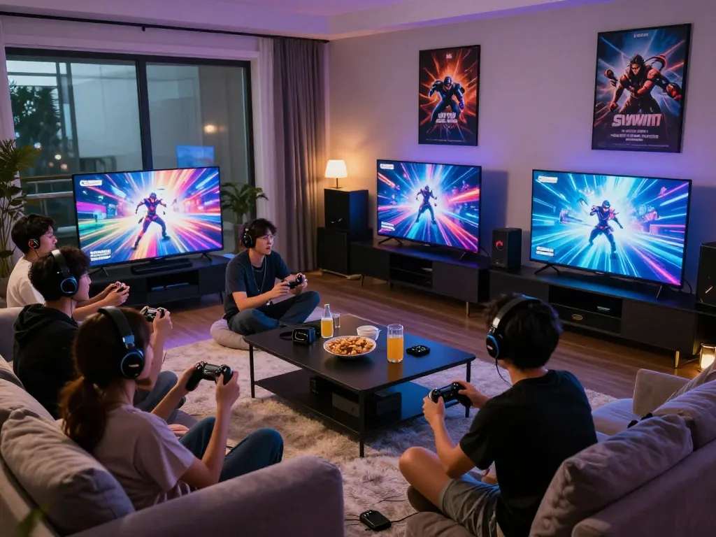 Exciting group gaming session featuring cổng game sunwin with vibrant visuals and engaged players in a cozy living room atmosphere.
