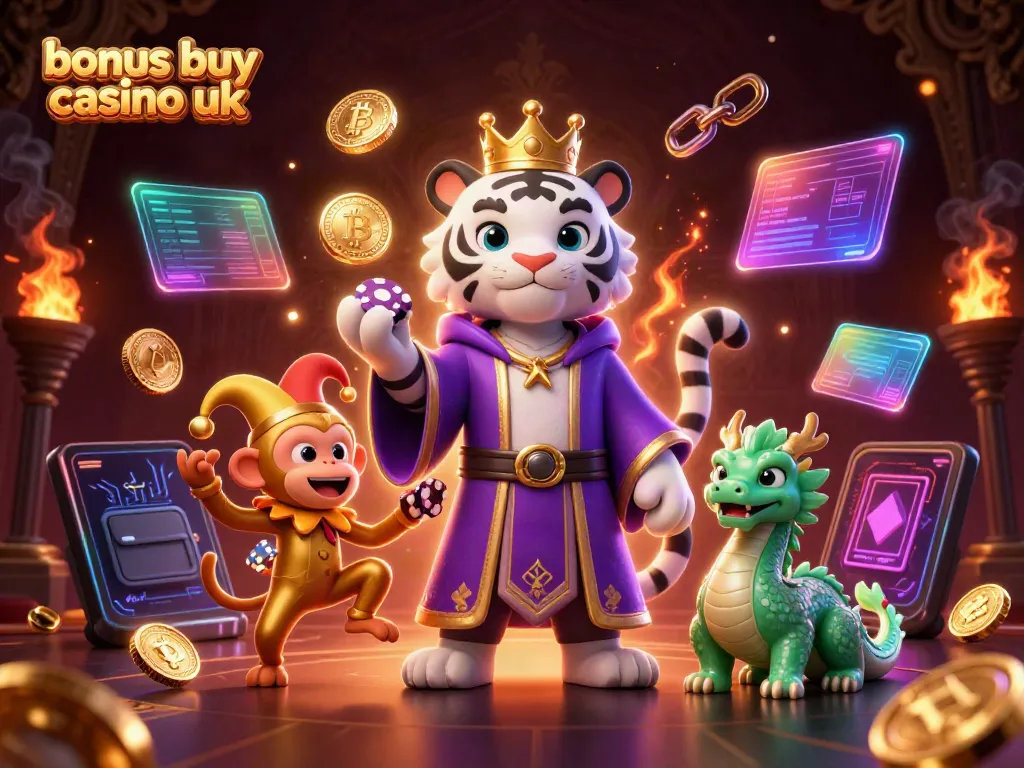 Engaging scene illustrating bonus buy casino uk with a royal tiger, juggling monkey, and dragon in a vibrant casino atmosphere.