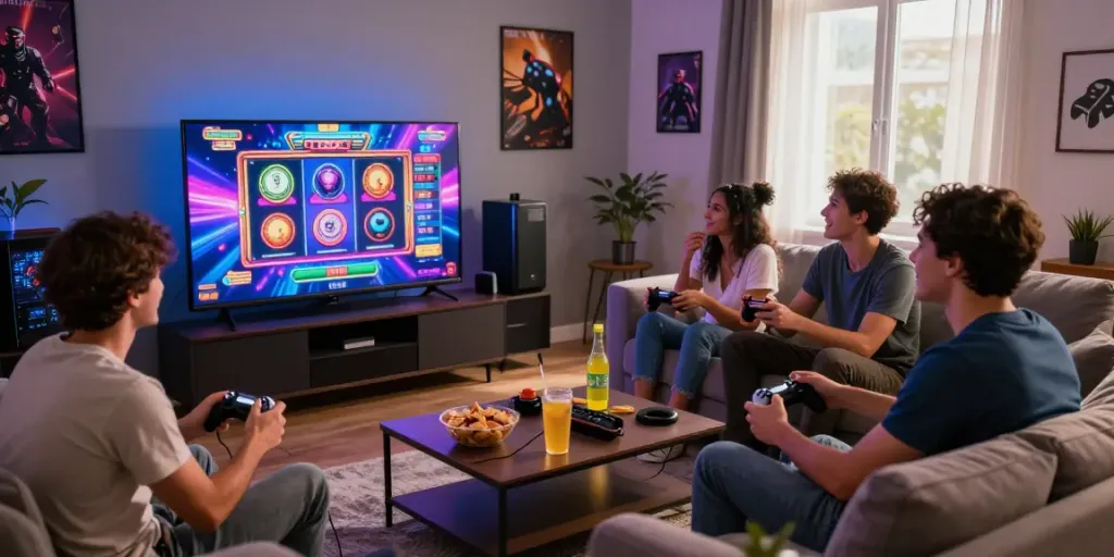 Friends enjoying akunjp gaming session in vibrant living room with snacks.
