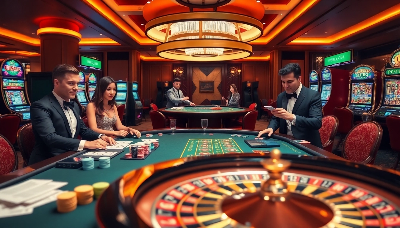 Experience the thrill of gambling at Goal123 casino tables with vibrant slot machines and players in action.