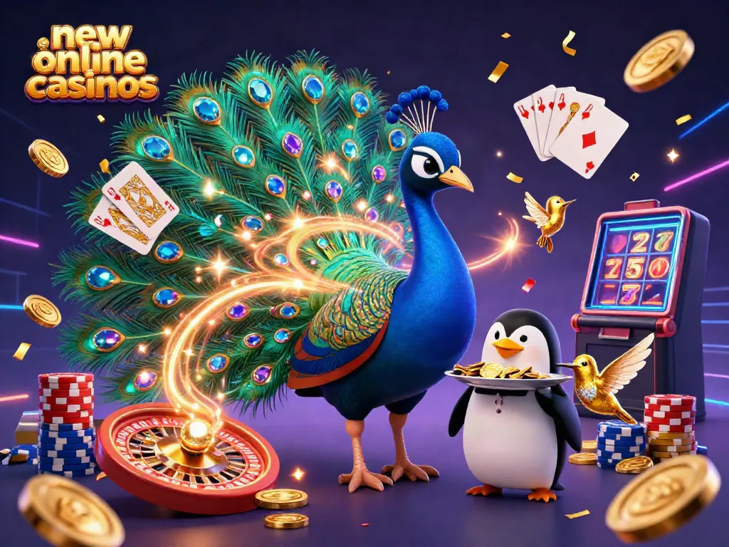 Experience the excitement of new online casinos with a 3D peacock, penguin, and hummingbird among casino elements.