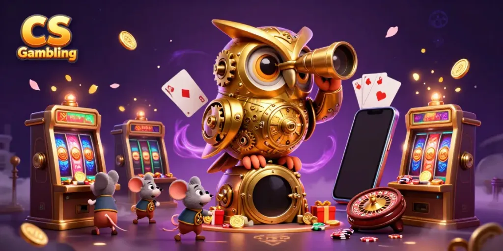 Engage in thrilling CS Gambling with our illustrated casino scene featuring a unique golden owl and animated mouse patrons.
