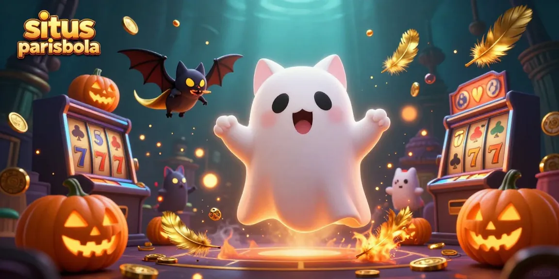 Engage with situs parisbola's vibrant gaming atmosphere featuring a ghost cat and vampire bat in a haunted casino.