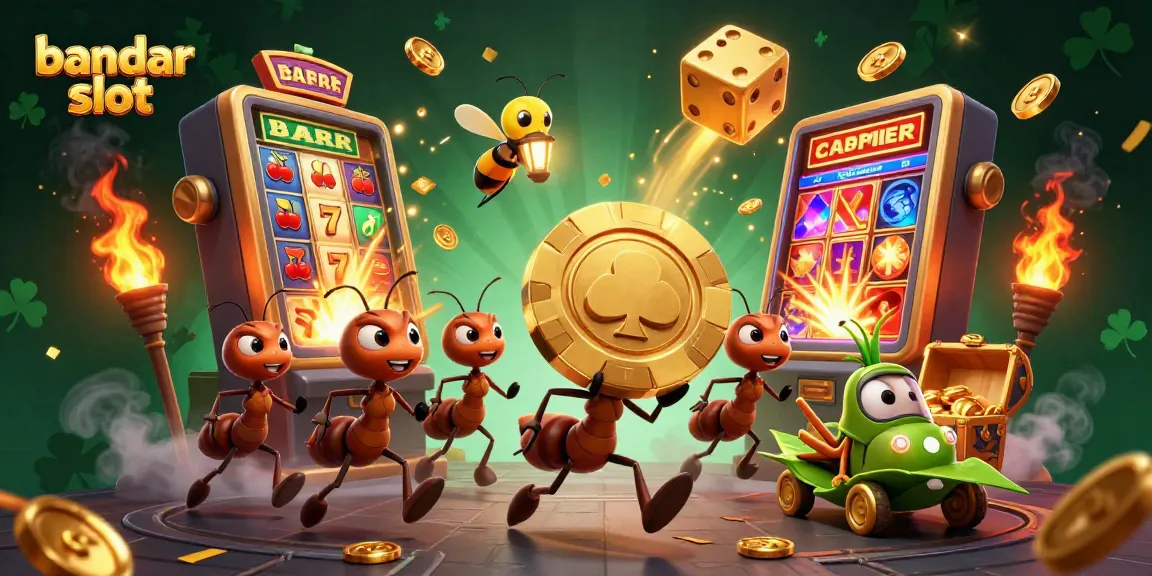 Experience thrilling bandar slot action with this dynamic heist scene featuring ants and casino elements.
