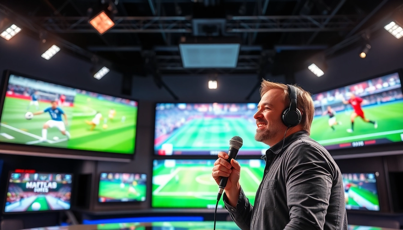 Dynamic sports broadcasting session featuring a broadcaster and live event displays.