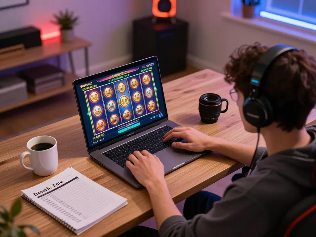 Engaging in kdslots gameplay on a laptop at home, showcasing an organized gaming setup with notes.