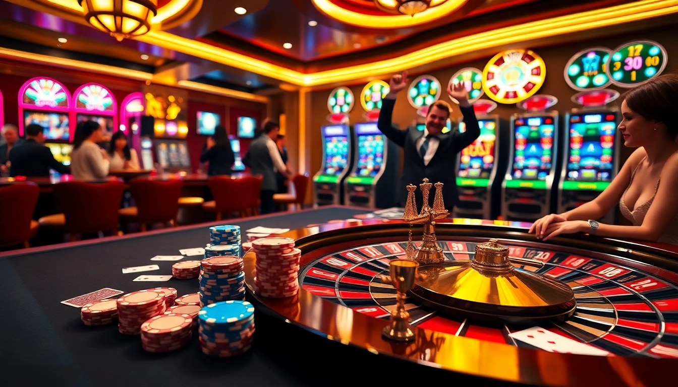 Players enjoying a thrilling moment at Goal123 casino with vibrant slot machines and poker chips.