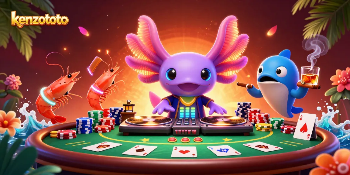 Kenzototo showcases an energetic 3D scene with a neon axolotl DJ surrounded by vibrant poker elements.