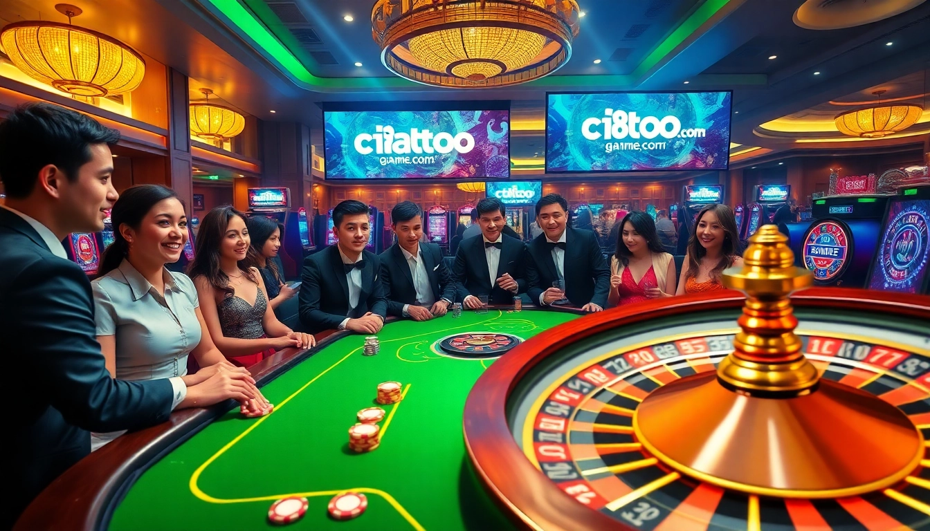 C168game.com showcases an exciting casino atmosphere with players at tables, vibrant chips, and high-stakes action.