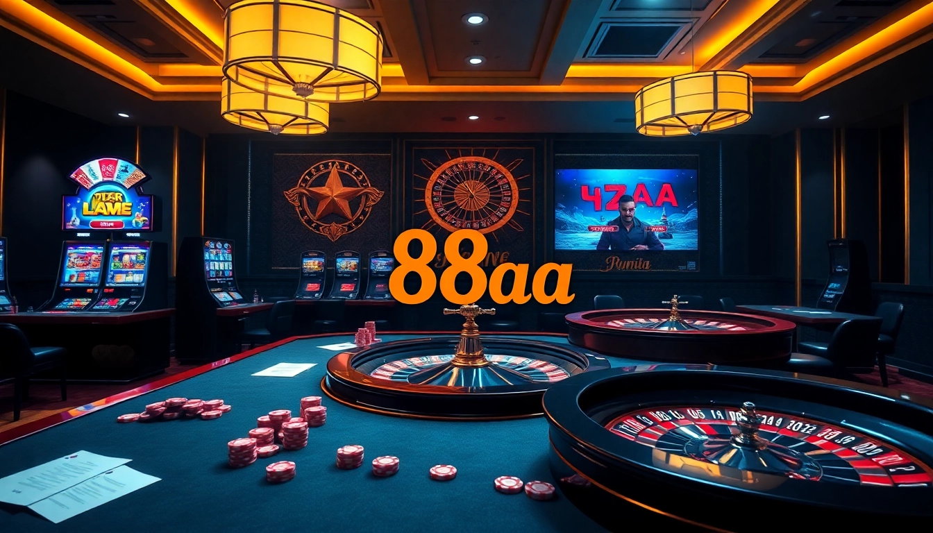 Exciting online gambling scene at 88aa with vibrant slot machines and roulette wheel.