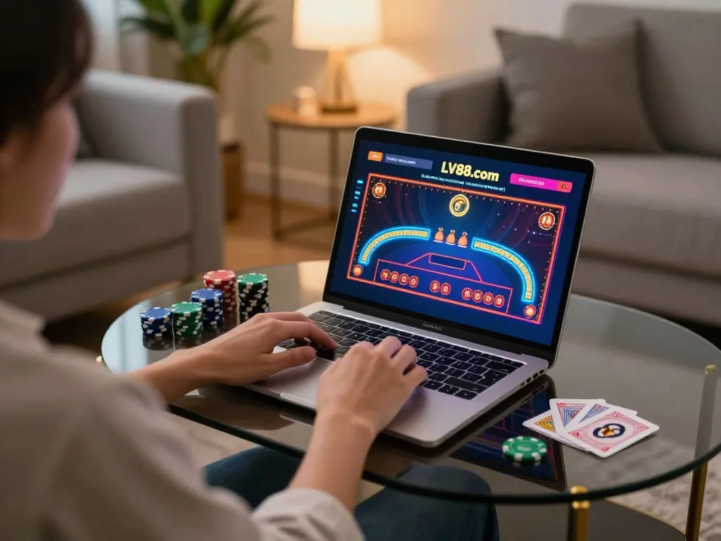 Player engaged with online casino games at LV88.com, showcasing a cozy gaming setup with poker chips and laptop.