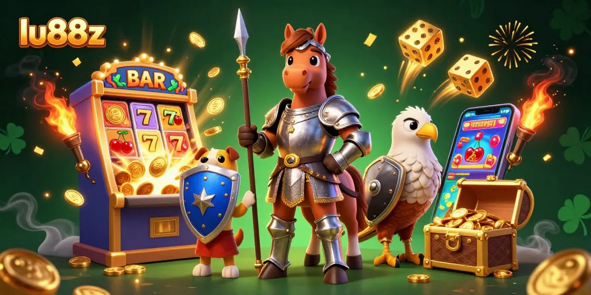 lu88z brings luck with a knight, puppy, and falcon amidst a jackpot explosion