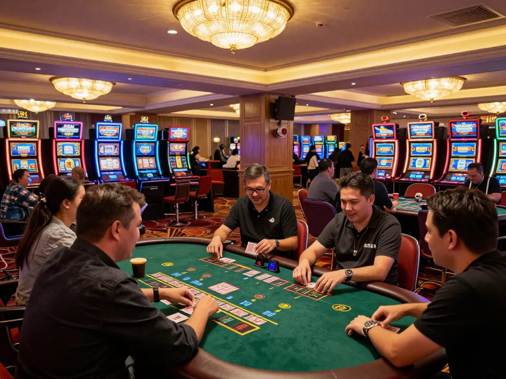 Toto8 link alternatif displayed on smartphone while a player strategizes at a blackjack table in a vibrant casino.