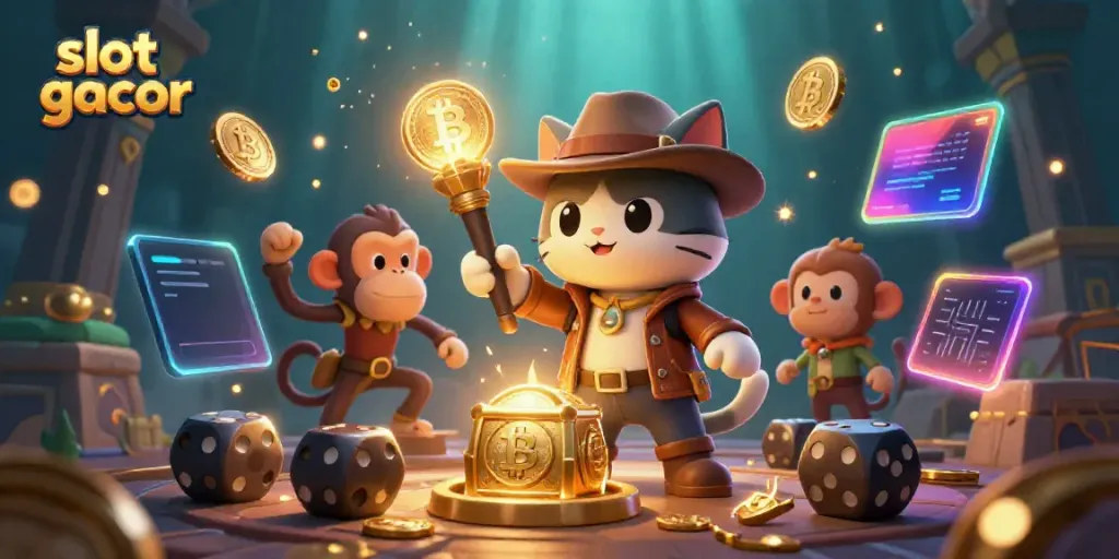 Spin the slot gacor reels alongside a treasure-hunting explorer cat and monkey companion in a mystical temple.