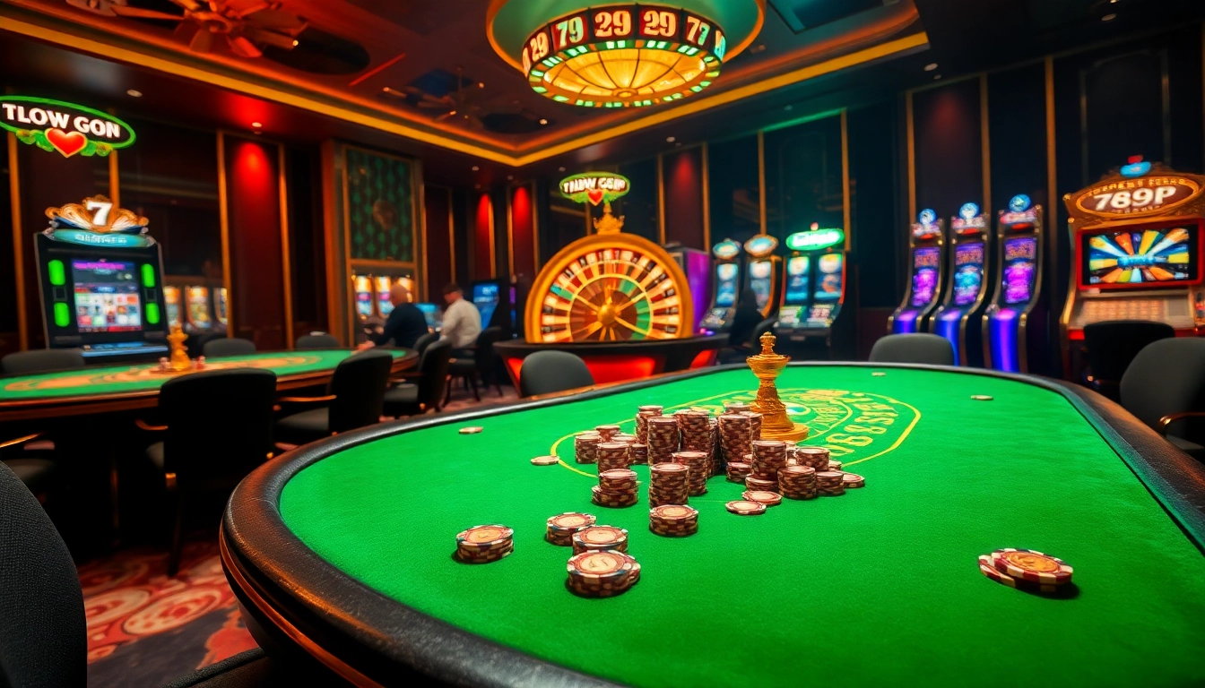 Engaging scene of gambling excitement at 789P casino tables with poker games and roulette wheels.