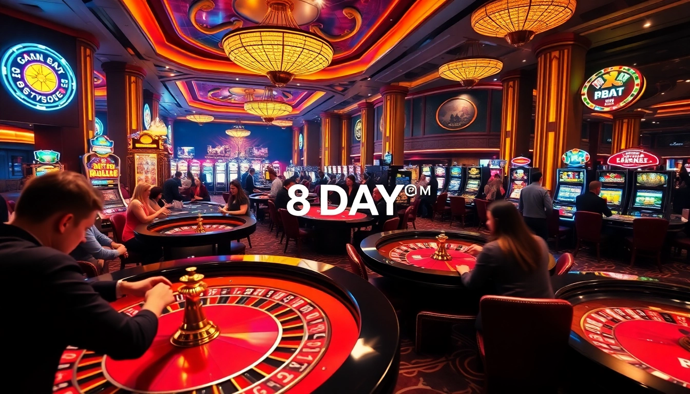 A thrilling moment at 8DAY casino with players at tables showcasing excitement and strategic gameplay.