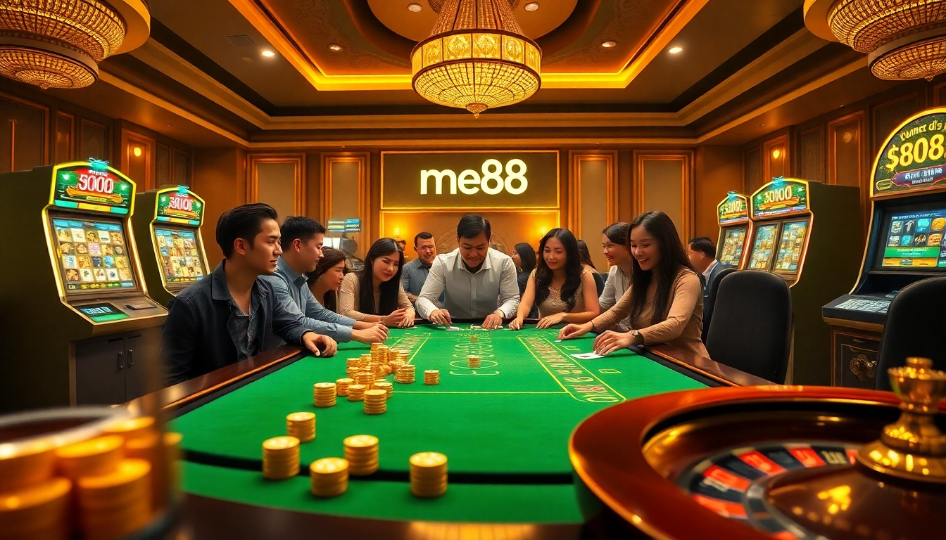 Experience the excitement of me88 with players engaging at a vibrant casino table surrounded by colorful poker chips.