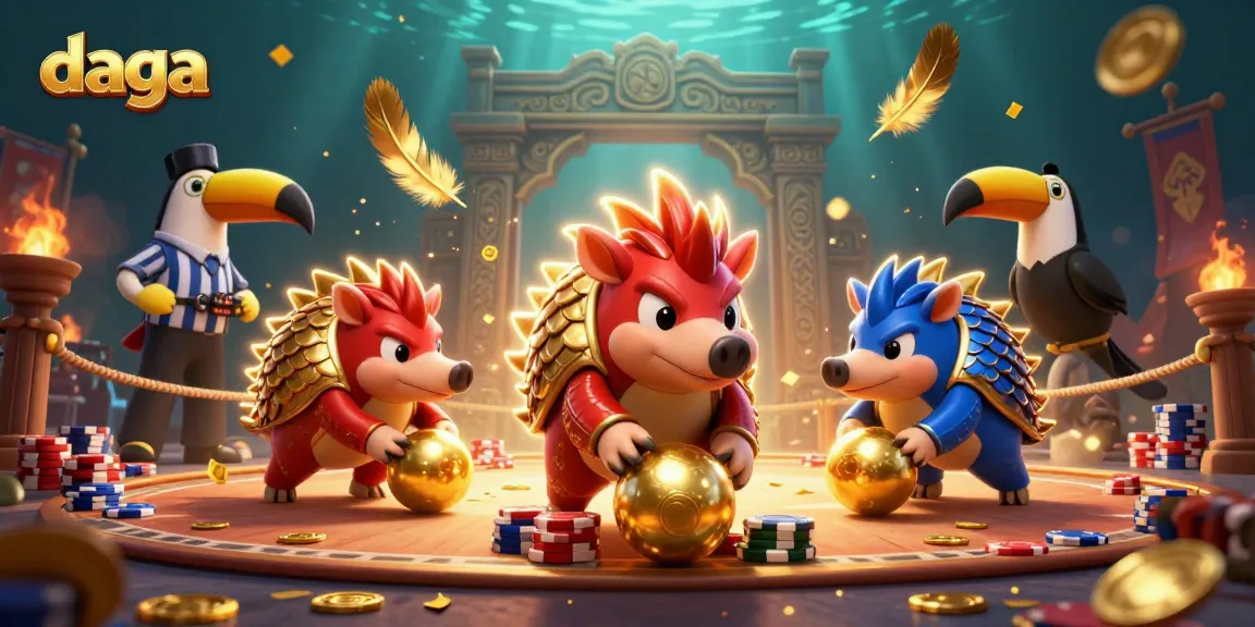 Dive into gaming action at daga with competitive pangolins in a vibrant casino scene.