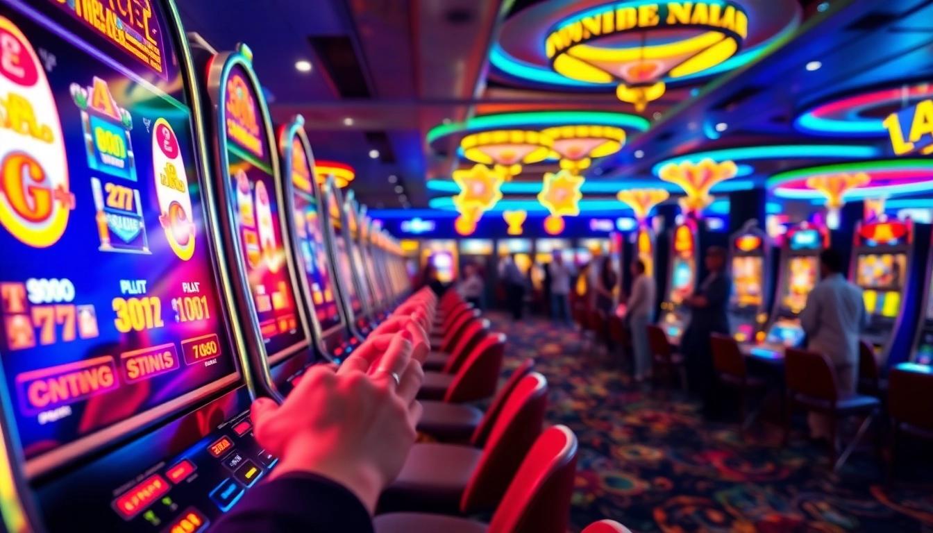 Play engaging Nova88 slots at a vibrant casino with bright lights and spinning reels.