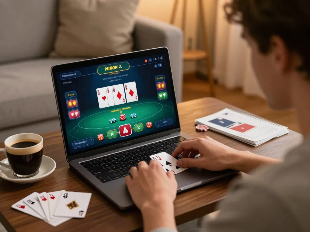 RIKVIP user strategizing in cozy living room during online poker game session.