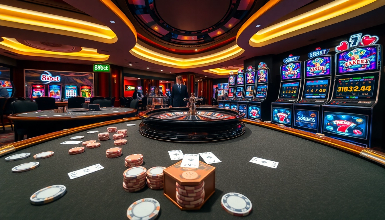 Experience the thrill of 8kbet at an elegant casino table with vibrant games and high-stakes action.