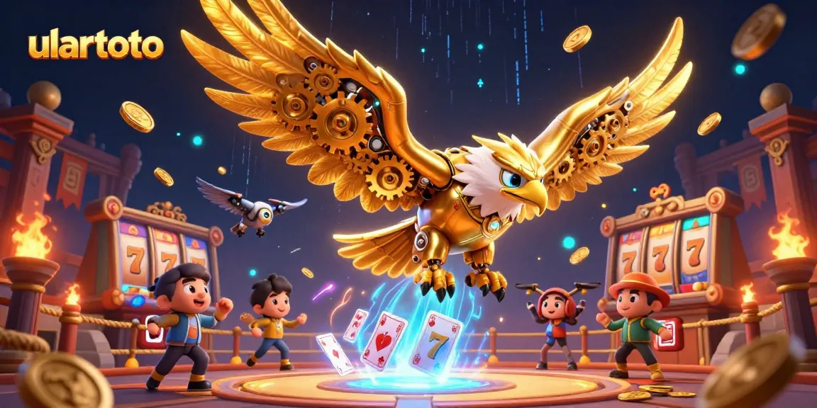 Experience thrilling spins with ulartoto in a vibrant 3D casino scene featuring a cybernetic eagle.