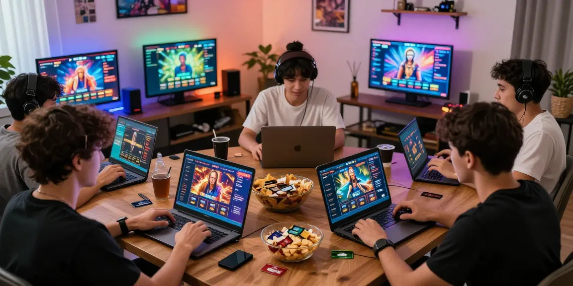 Engaged players enjoying credit card casinos on multiple devices in a vibrant home gaming setup.