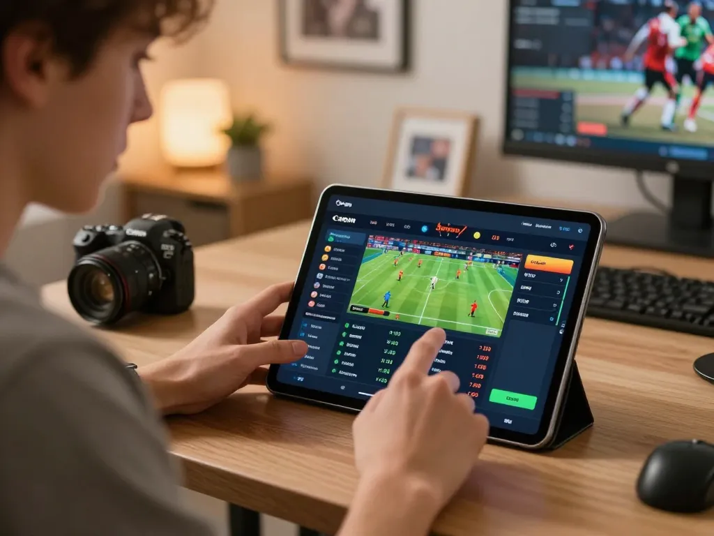 Engaged player accessing nhận định kèo nhà cái through an online sports betting app on a tablet.