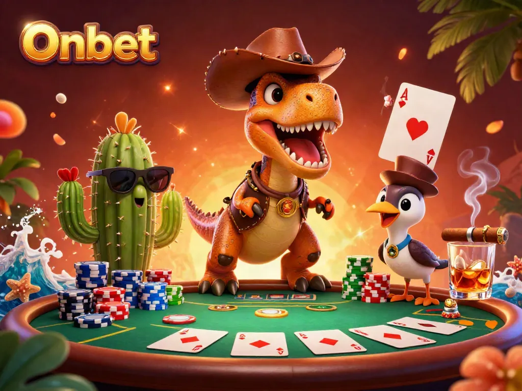 Join the action at Onbet with a T-Rex cowboy, poker table, and vibrant casino elements.