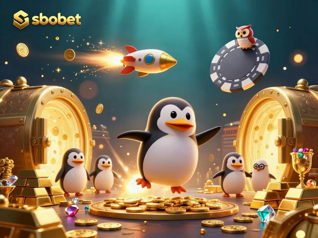Sbobet's cartoon penguin rockets through a vibrant galaxy, symbolizing dynamic online betting.