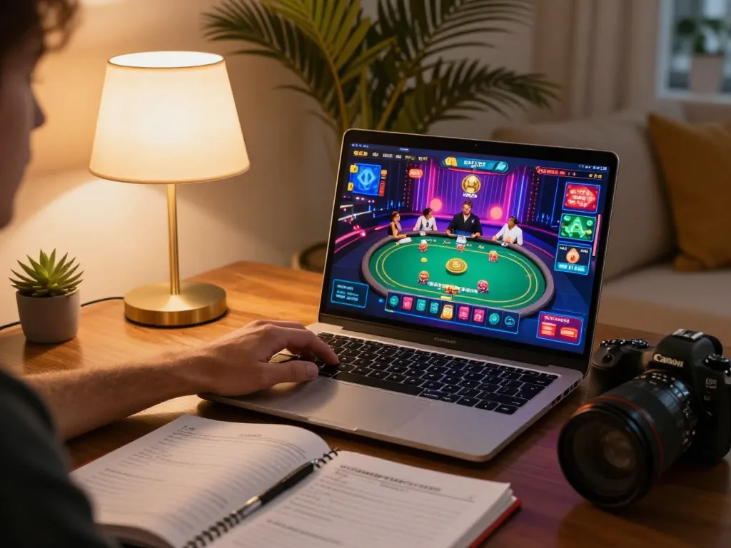 Player engaging with au88 live casino on a laptop, showcasing strategy notes and vibrant interface in a cozy home.