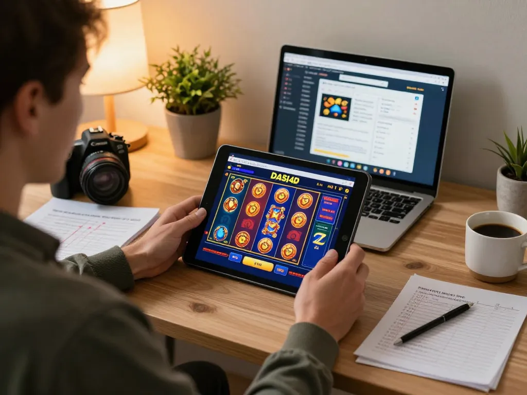 Pemain DASI4D menikmati slot online di tablet dengan catatan strategi pribadi di kantor rumah yang nyaman.