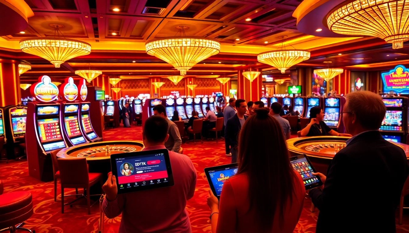 Gamblers enjoying the bdtk1 app with slot machines in a luxurious casino setting.