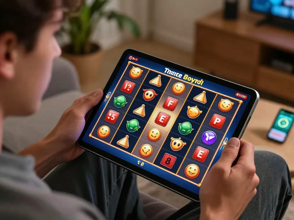 Player spinning slot 5k on tablet, bright winning symbols visible, colorful home gaming atmosphere