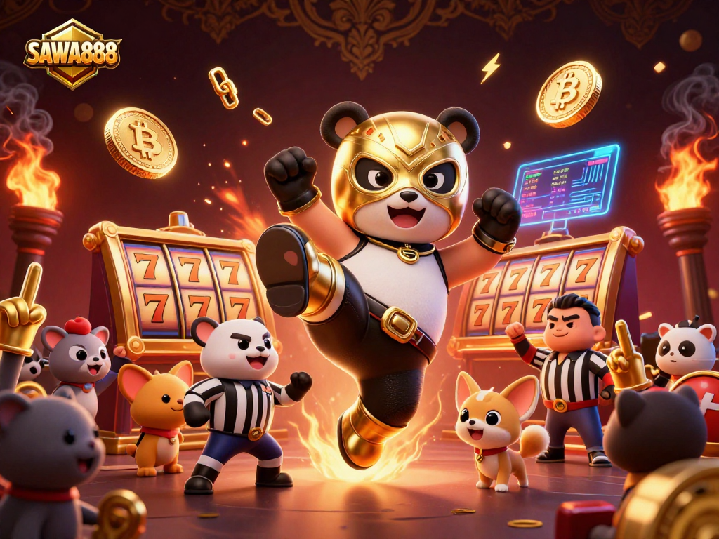 Experience thrilling slots action with SAWA888's animated wrestlers in a dynamic online casino scene.
