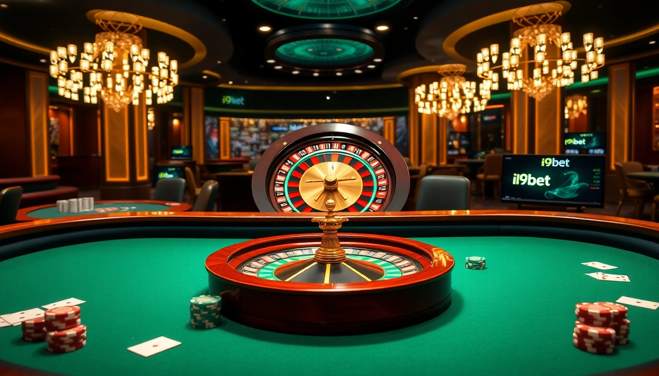 High-stakes poker action at i9bet with elegant casino ambiance and lively roulette.