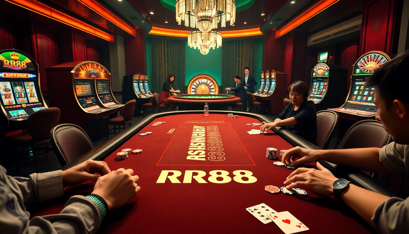 Experience luxury gaming at RR88 with vibrant casino tables, cards, and roulette wheels.