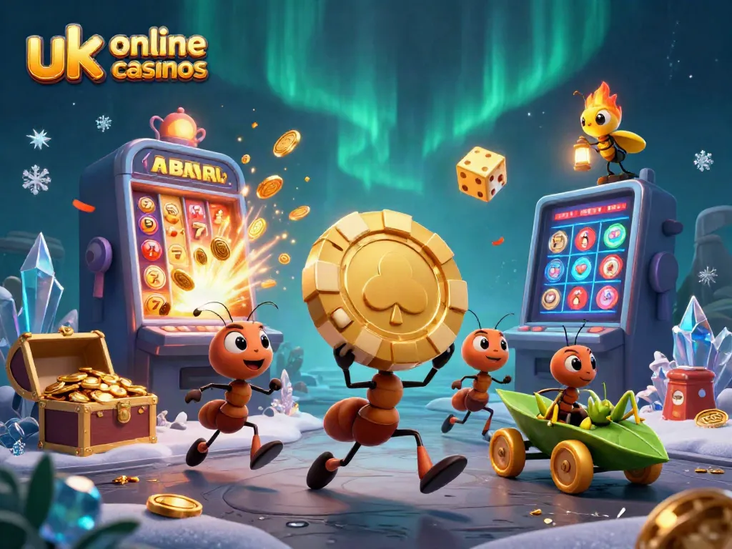 Experience adventure at uk online credit card casinos as ants carry a massive poker chip through a tunnel.